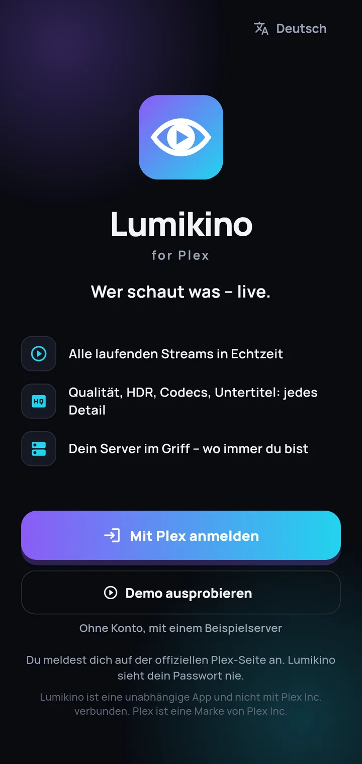 Der Startbildschirm von Lumikino mit dem Knopf „Demo ausprobieren“