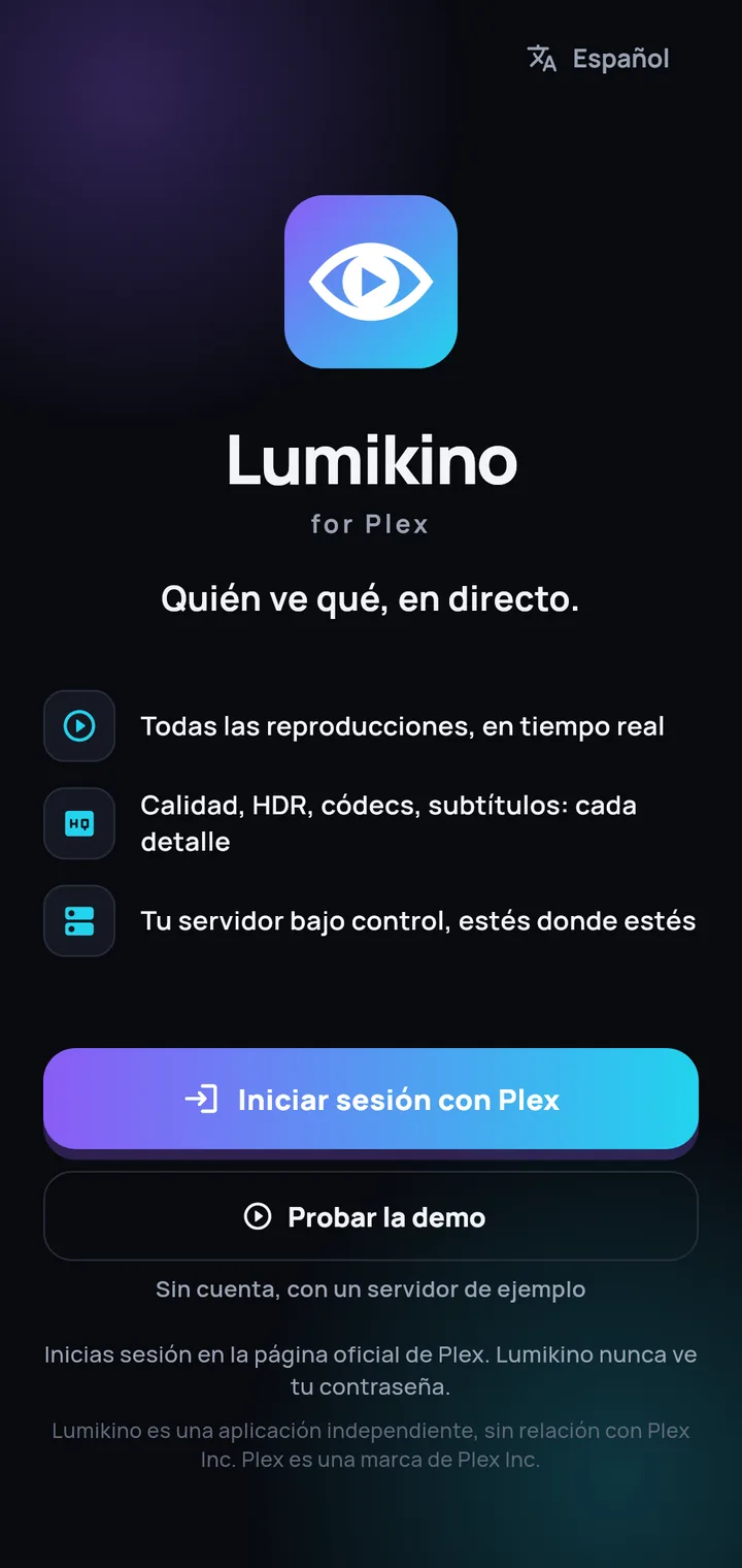 La pantalla de inicio de Lumikino con el botón «Probar la demo»