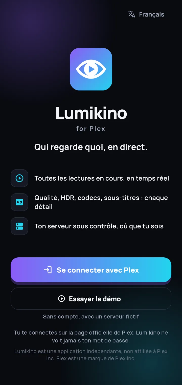 L'écran d'accueil de Lumikino, avec le bouton « Essayer la démo »