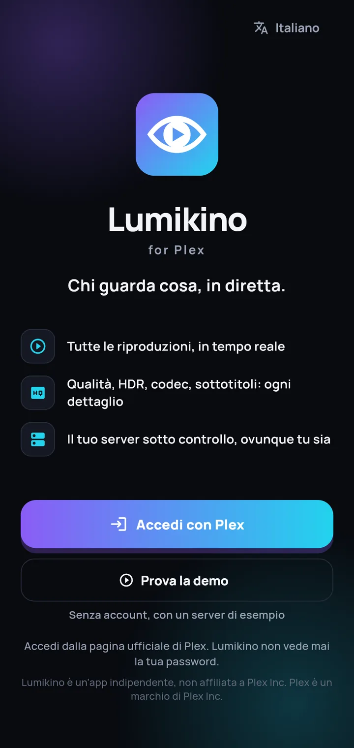 La schermata iniziale di Lumikino con il pulsante «Prova la demo»