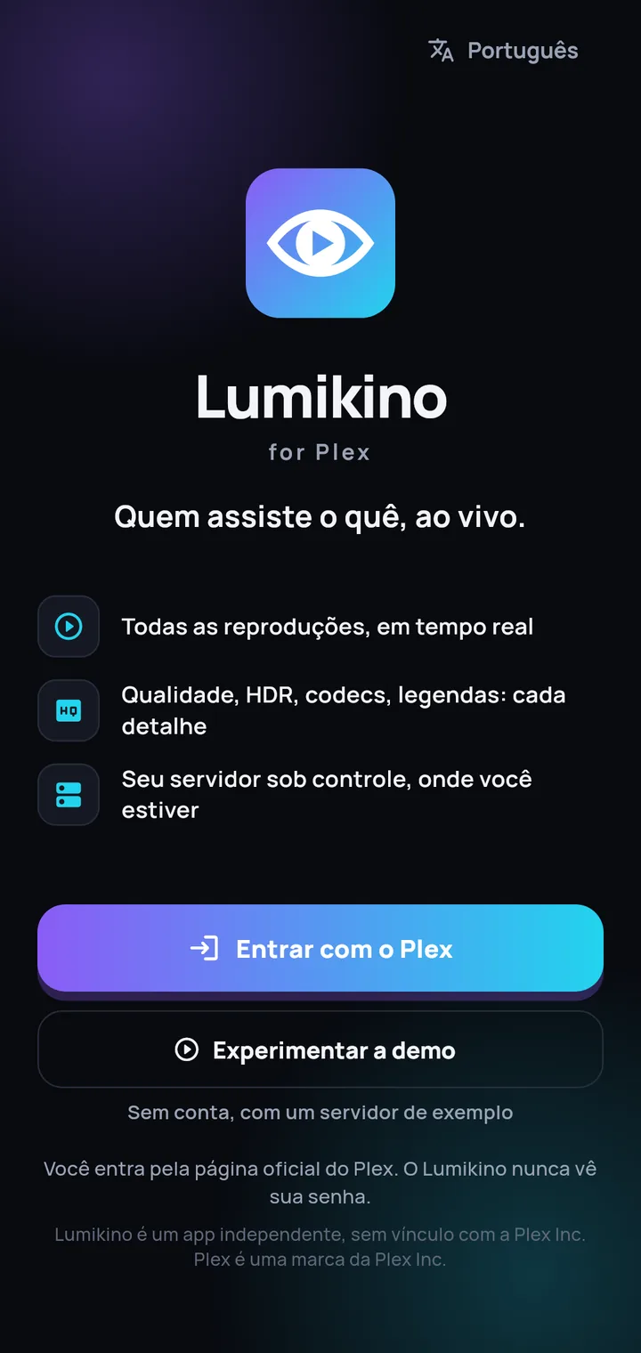 A tela inicial do Lumikino com o botão “Experimentar a demo”